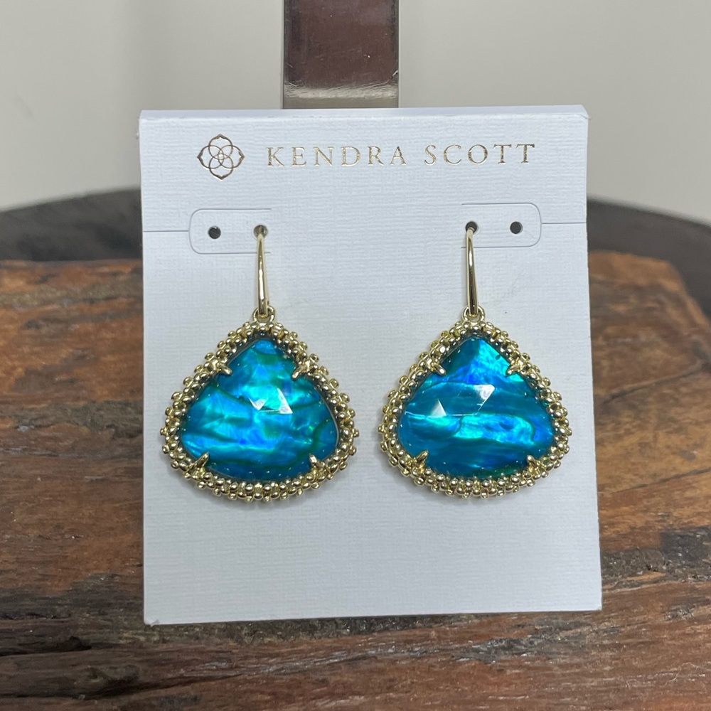 NWT Kendra Scott Framed Kendall Gold Large Drop Earrings in Teal Abalone!